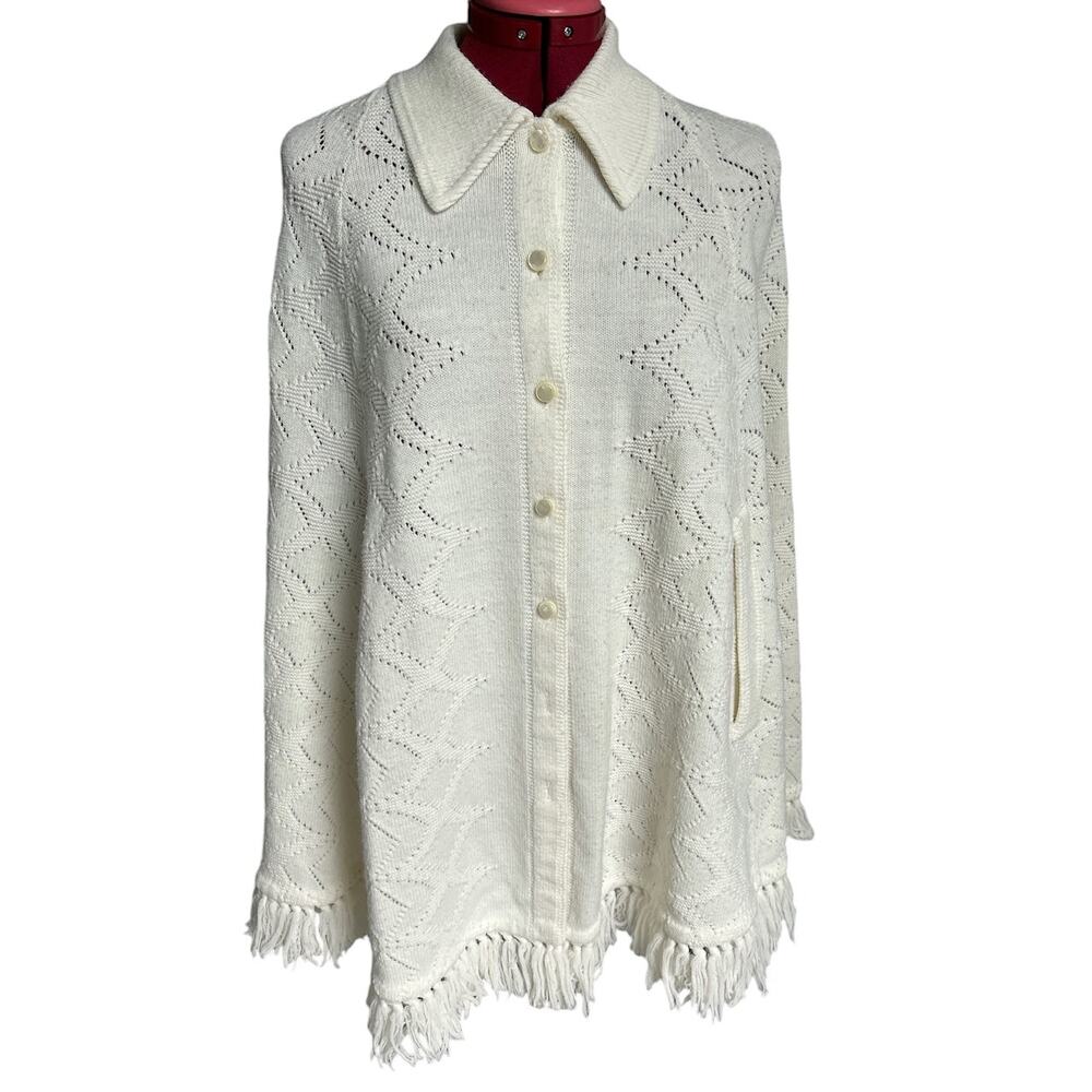 Vintage One Size Cream Knit Tasseled Sweater Cape Poncho